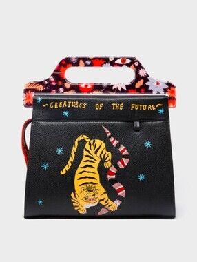 MIN & MON VALI LEATHER CROSSBODY BAG PLASTIC HANDLE - TIGER AND SNAKE PRINT